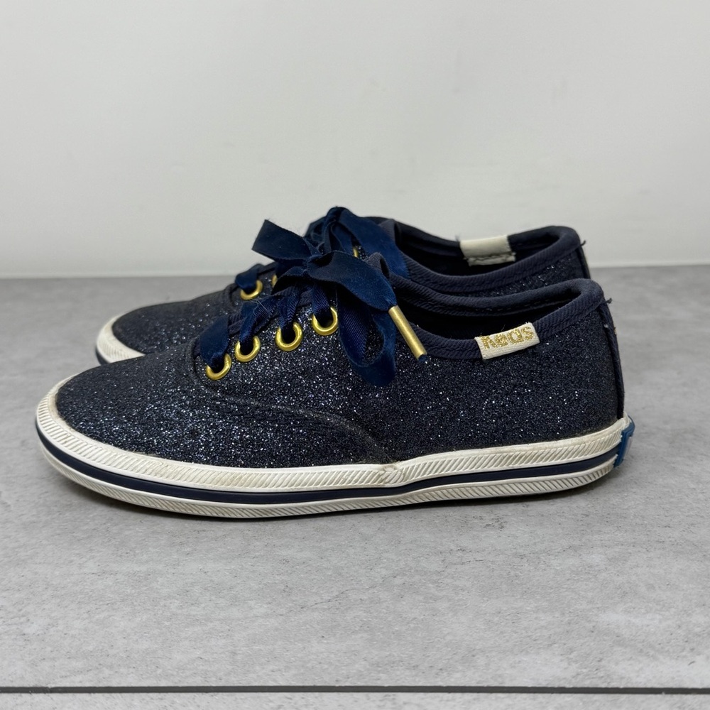 Keds X Kate Spade Size 7 Kids Navy Glitter Sneakers with Ribbon Laces